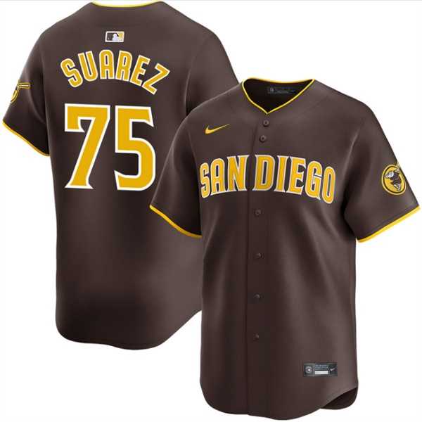 Mens San Diego Padres #75 Robert Suarez Brown 2024 Away Limited Stitched Jersey Dzhi